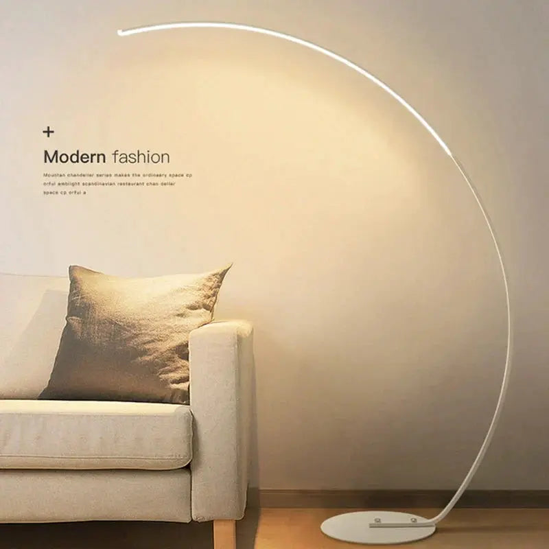 DecorBites LED Art Floor Lamp arc, white finish, RGB dimmable with remote in living room on Tampa Home & Garden Store