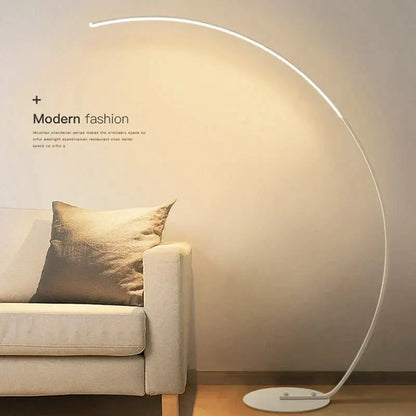 DecorBites LED Art Floor Lamp arc, white finish, RGB dimmable with remote in living room on Tampa Home & Garden Store