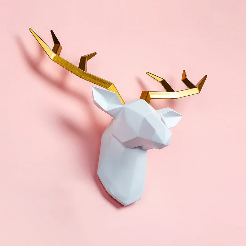 Perfecsy resin elk head wall mount with white geometric deer head and gold antlers, wall hanger on Tampa Home & Garden Store