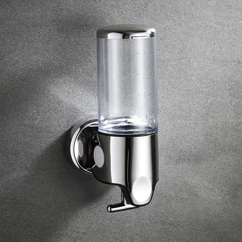 Wall mounted chrome bathroom dispenser with clear 500-1500ml reservoir and push lever on Tampa Home & Garden Store