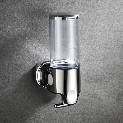 Wall mounted chrome bathroom dispenser with clear 500-1500ml reservoir and push lever on Tampa Home & Garden Store