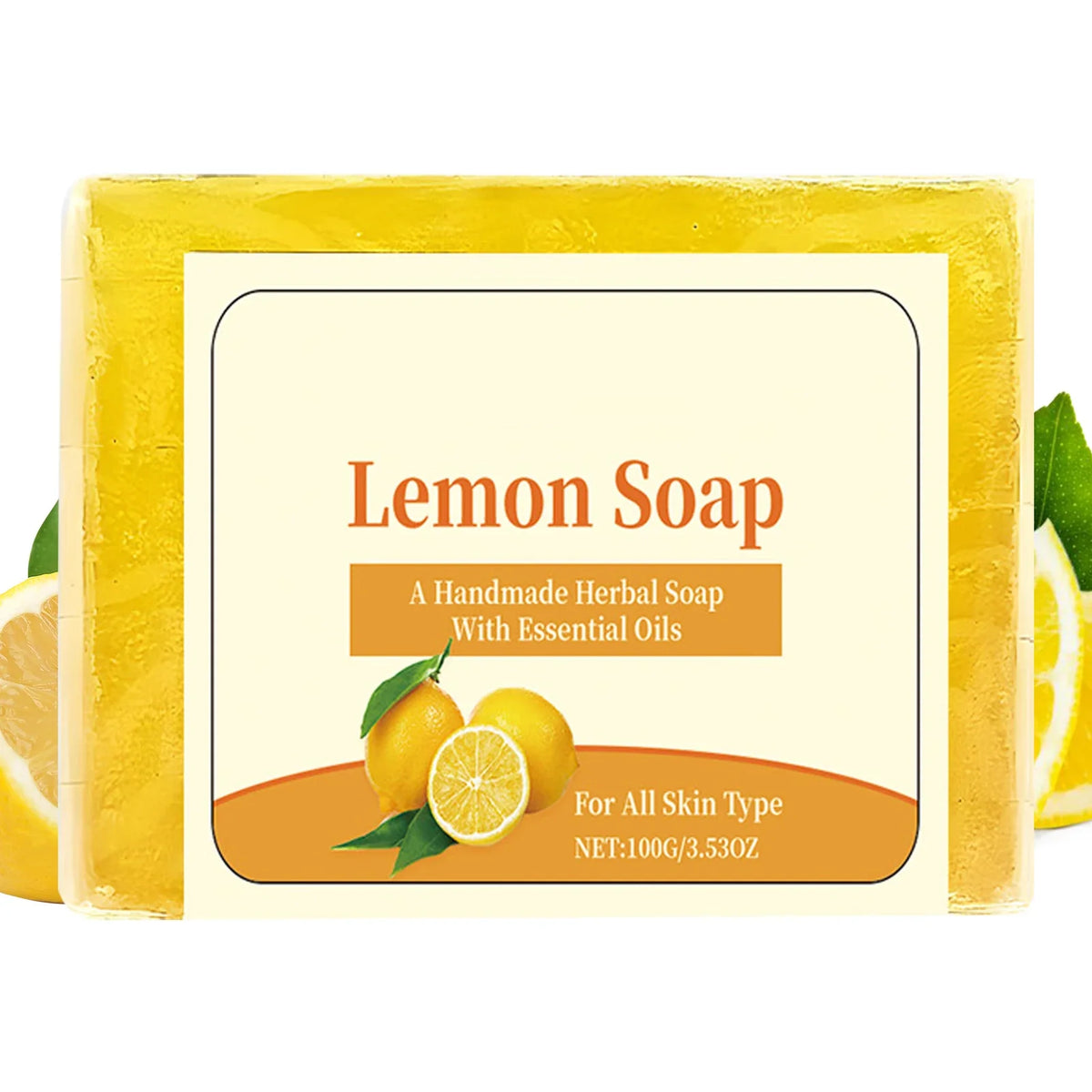 Lemon Soap yellow handmade herbal bar with essential oils and lemon imagery on Tampa Home & Garden Store