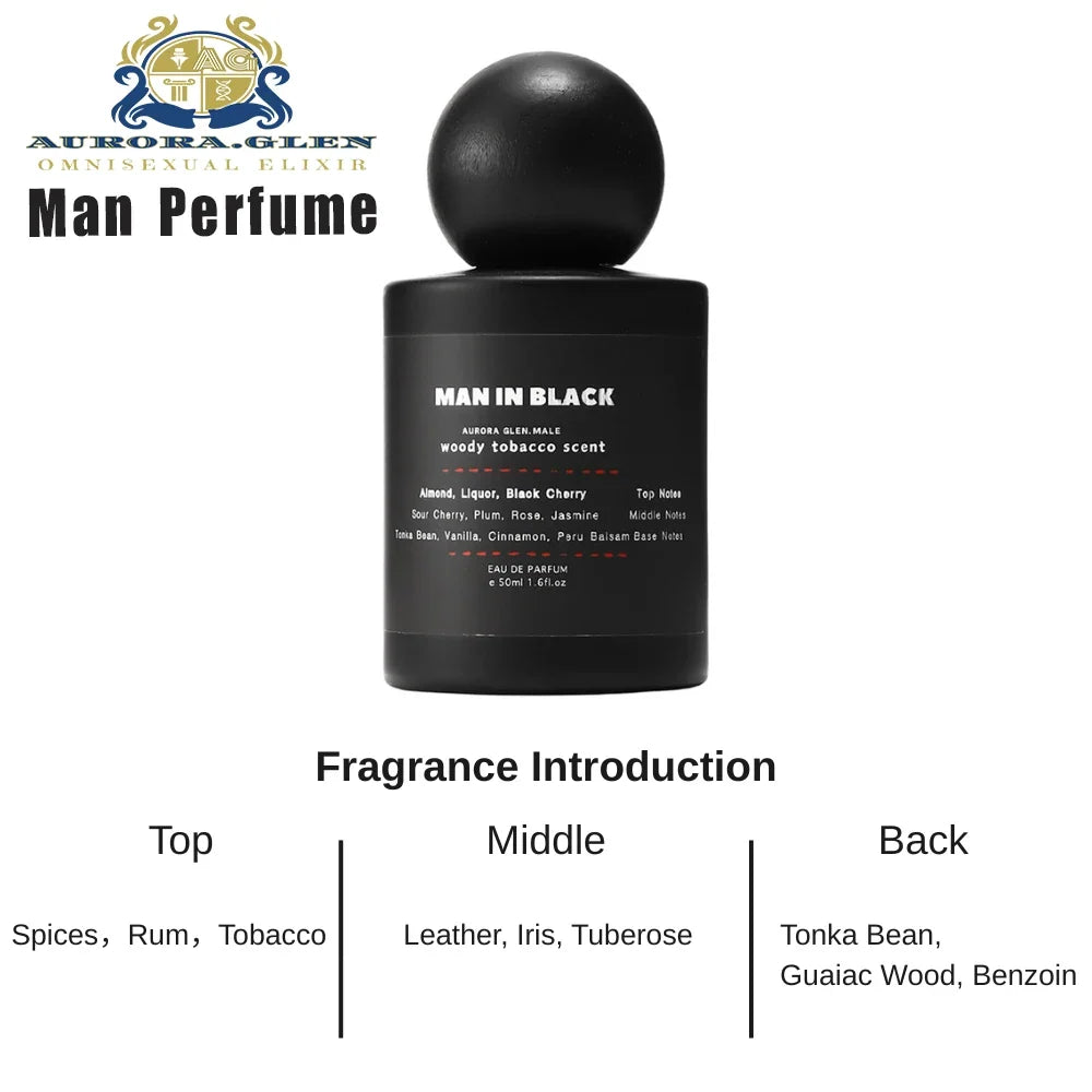 Man in Black perfume bottle matte black with round cap; Aurora Glen branding, woody tobacco scent on Tampa Home & Garden Store