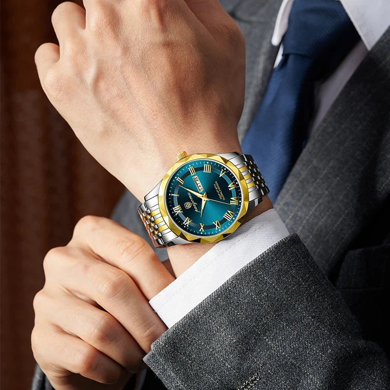 Men's minimalist quartz watch with stainless steel two-tone bracelet and blue dial on Tampa Home & Garden Store