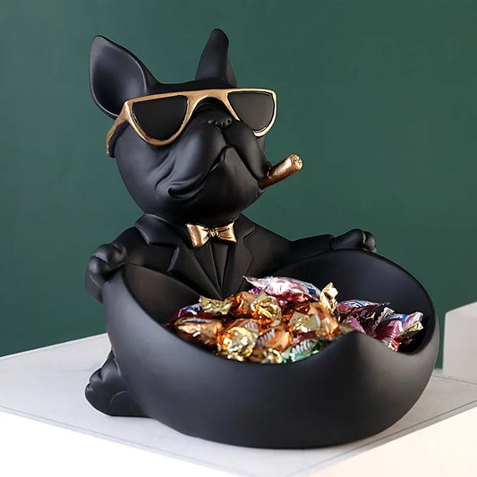 Perfecsy black dog figurine storage box in tuxedo with gold sunglasses holding a candy bowl on Tampa Home & Garden Store