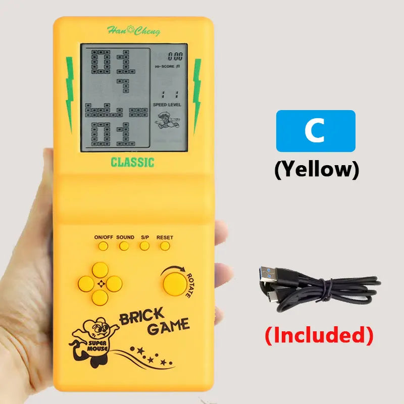 Yellow rechargeable pocket game console with Type-C charging, retro brick game Tetris USB-C cable on Tampa Home & Garden Store
