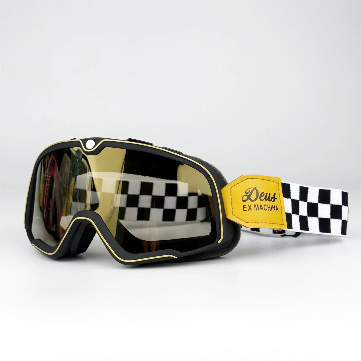 Retro Goggles Motocross with gold frame, mirrored lenses, checker strap and Deus patch on Tampa Home & Garden Store