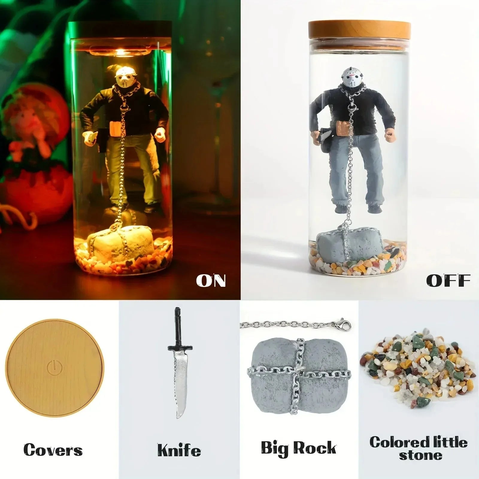 Jason Voorhees water lantern in clear glass with chain and rocks Perfecsy decor on Tampa Home & Garden Store