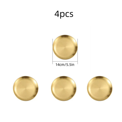 4pcs gold-tone stainless steel plates, 14 cm diameter, Korean style grilling meat trays, on Tampa Home & Garden Store