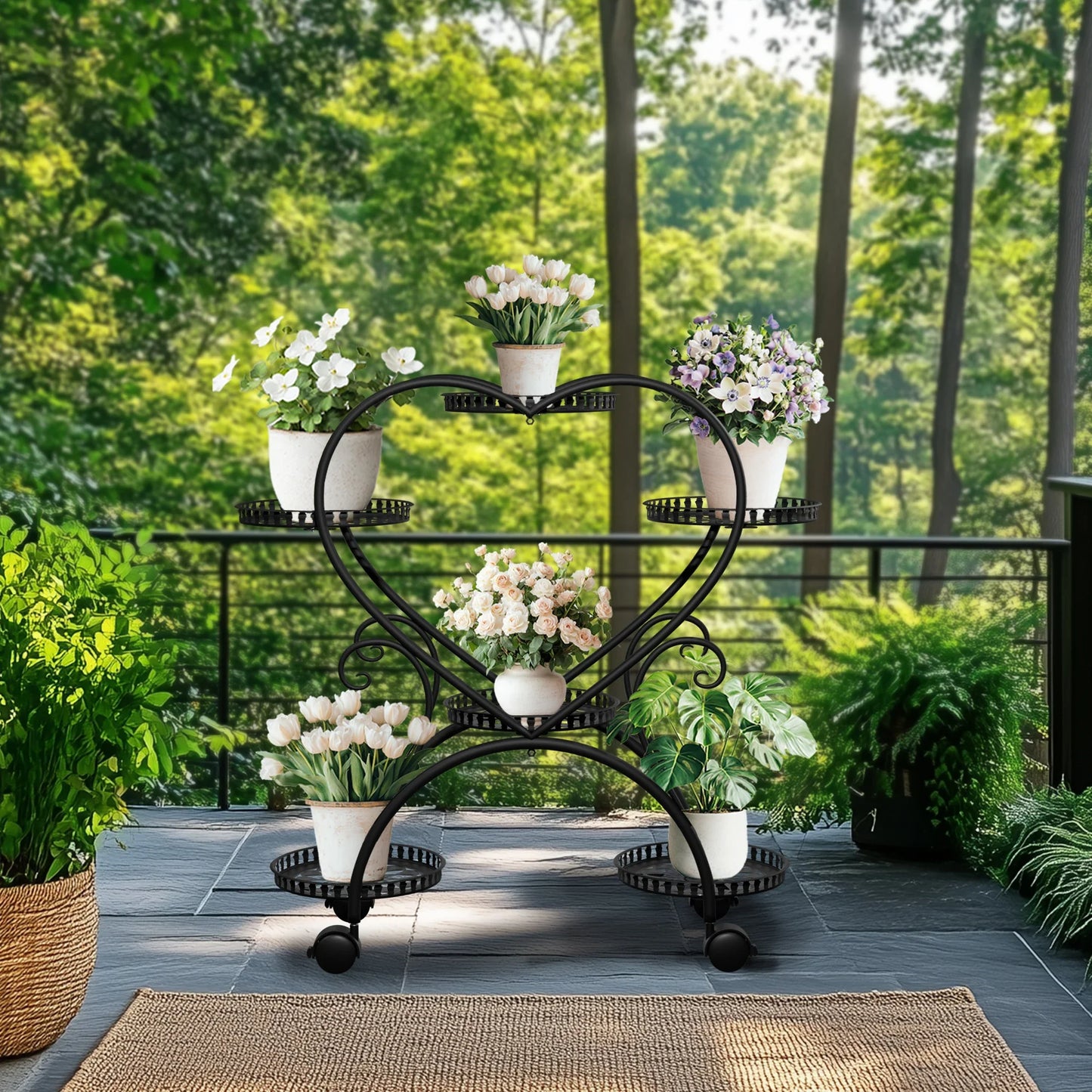 Black Metal Heart 6 Tier Rack For Garden Plants