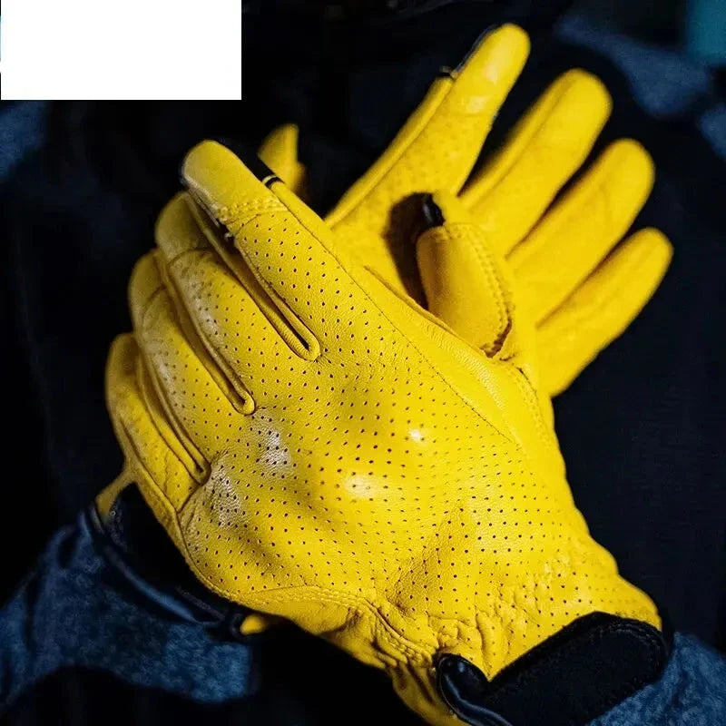Vintage Motorcycle Gloves Touchscreen Pro Ver in bright yellow perforated finish BikerZoneZ on Tampa Home & Garden Store