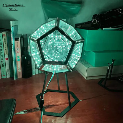 Perfecsy LED Night Light Infinite Dodecahedron USB lamp with teal glow on metal stand on Tampa Home & Garden Store