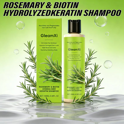 GleamXi rosemary and biotin hydrolyzed keratin shampoo bottle and green box with rosemary sprigs on Tampa Home & Garden Store