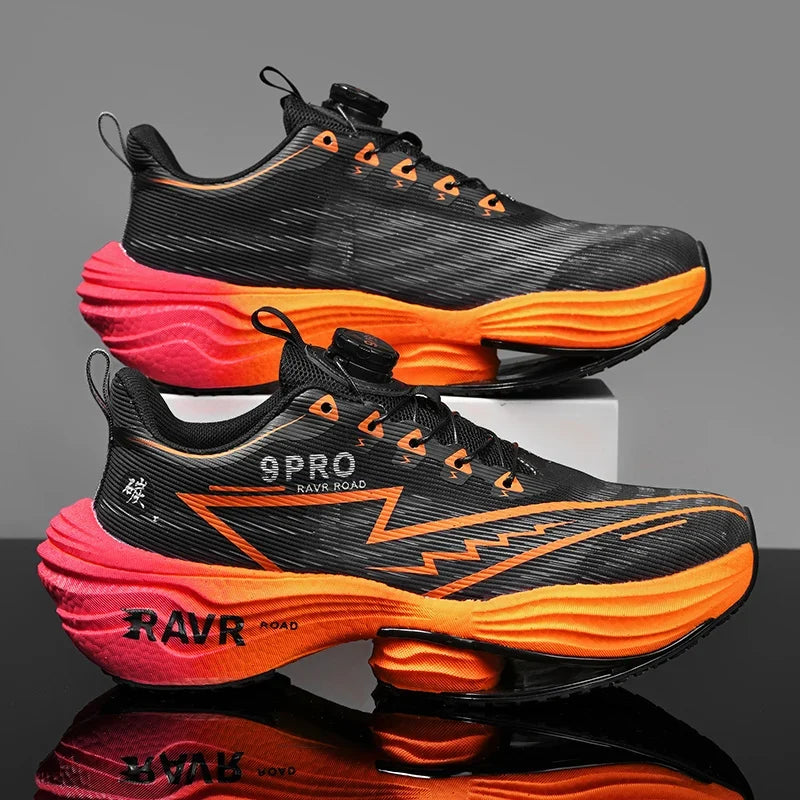 Running Shoes EstaliosFit carbon plate cushioned design, black upper with orange midsole pair on Tampa Home & Garden Store