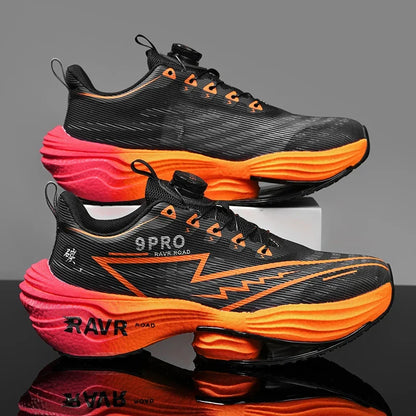 Running Shoes EstaliosFit carbon plate cushioned design, black upper with orange midsole pair on Tampa Home & Garden Store