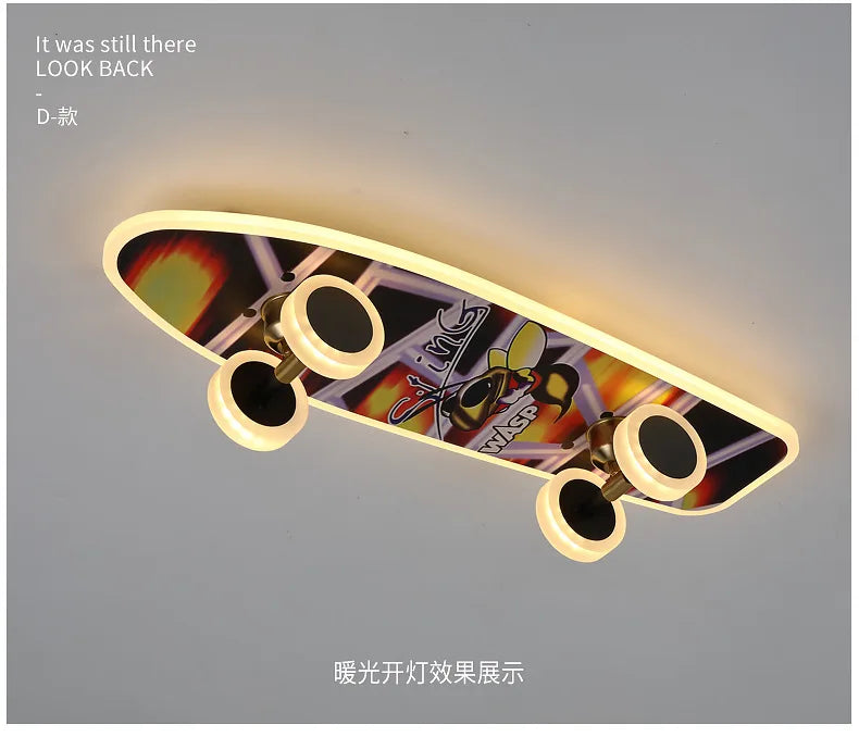 DecorBites skateboard LED ceiling light for kids rooms with colorful deck art and glowing wheels on Tampa Home & Garden Store