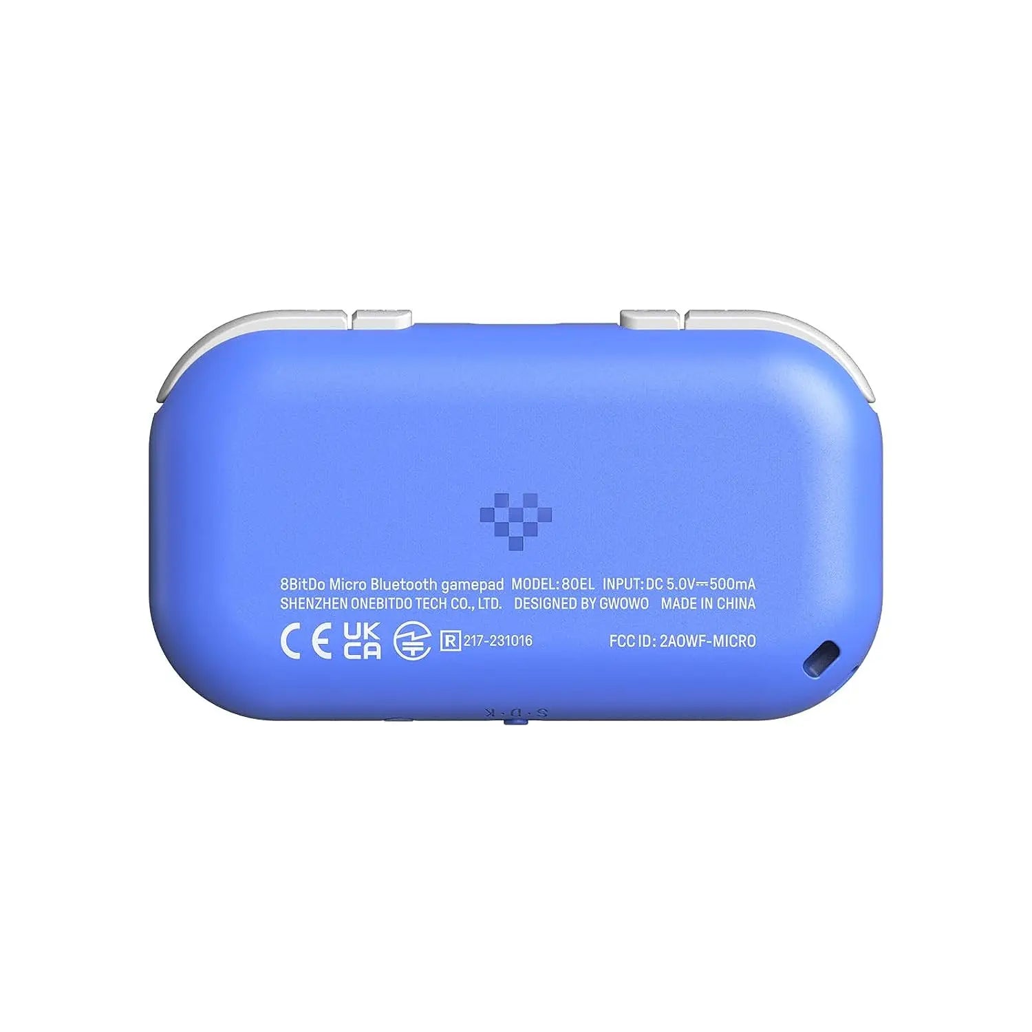 8BitDo Micro Bluetooth gamepad blue pocket-sized controller with white top buttons, back view on Tampa Home & Garden Store
