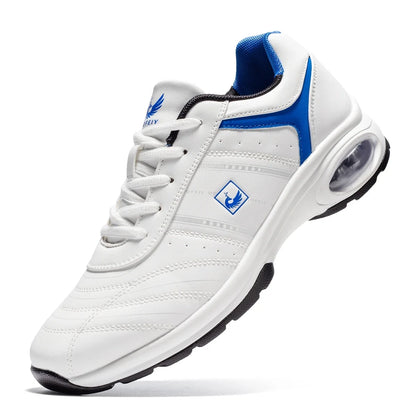 Men's golf shoes EstaliosFit white blue accents waterproof non-slip trainer air-cushioned sole on Tampa Home & Garden Store