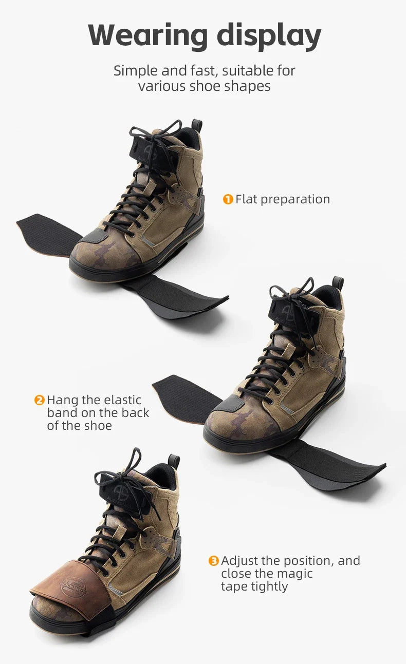 ROCKBROS shift lever shoe covers with elastic back straps shown on tan leather camo on Tampa Home & Garden Store