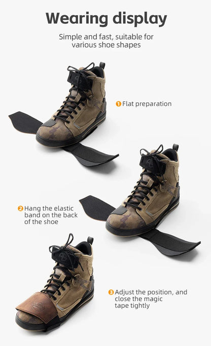 ROCKBROS shift lever shoe covers with elastic back straps shown on tan leather camo on Tampa Home & Garden Store