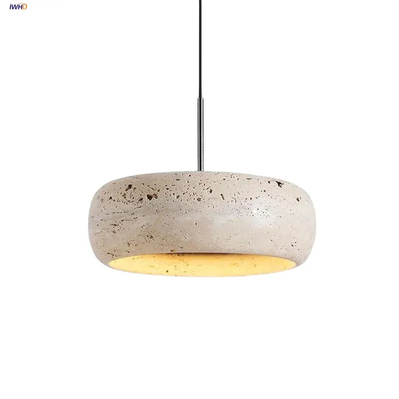 DecorBites LED Pendant Lamp, black iron wabi-sabi round yellow travertine shade on Tampa Home & Garden Store
