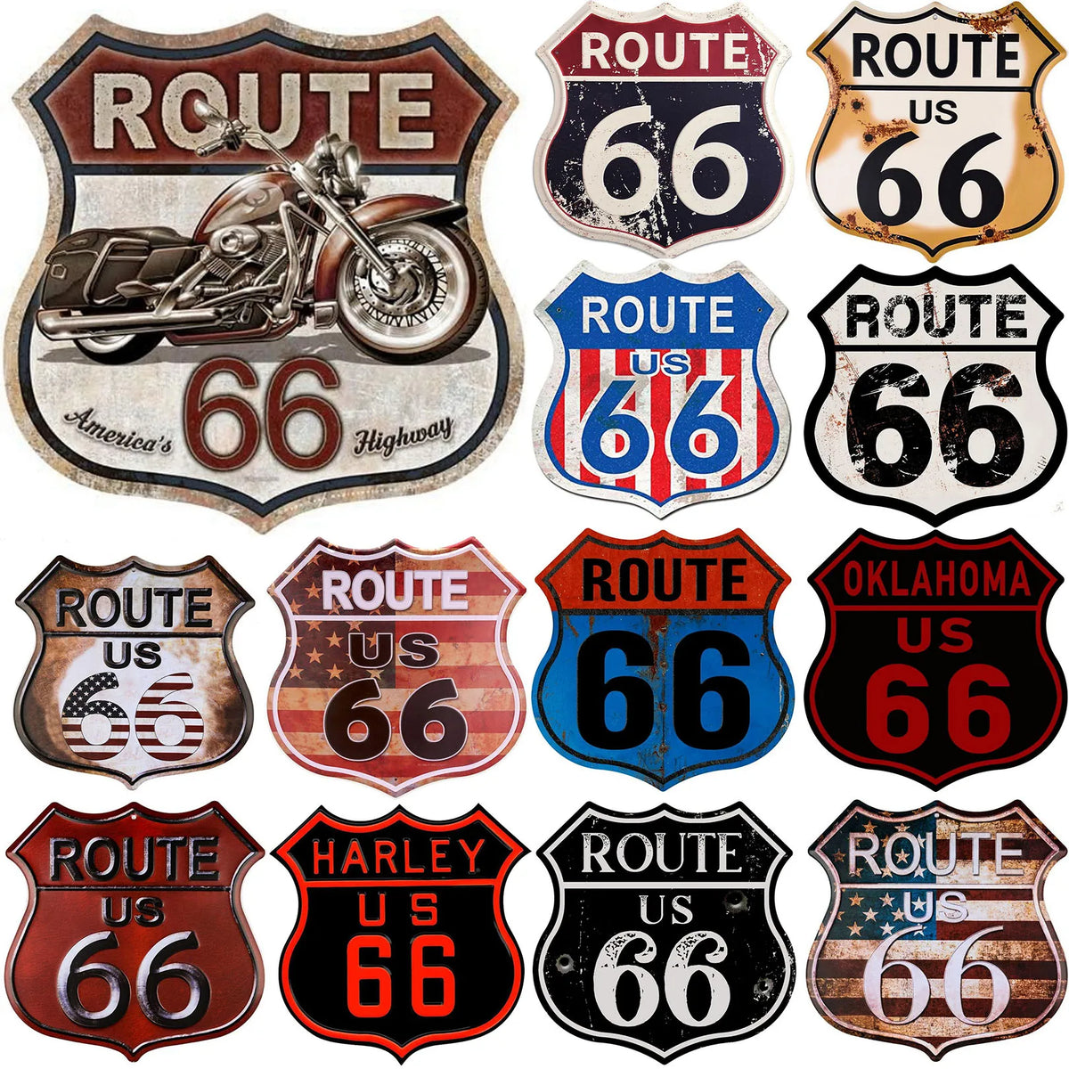 Route 66 shield metal tin sign set with vintage Americana designs (18 pcs) by BikerZoneZ on Tampa Home & Garden Store