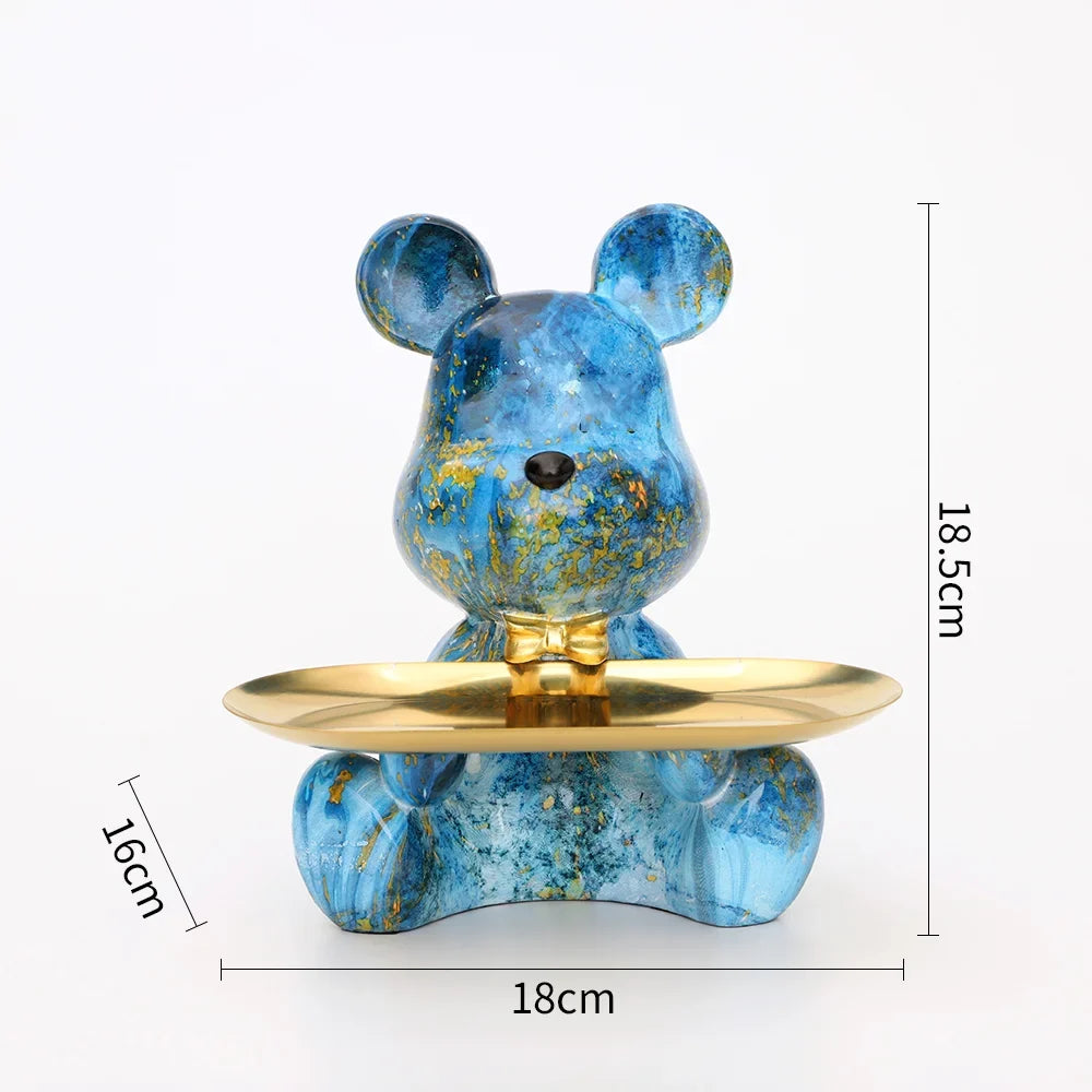 Bear figurine key holder with blue graffiti finish and gold dish tray Perfecsy decor statue on Tampa Home & Garden Store