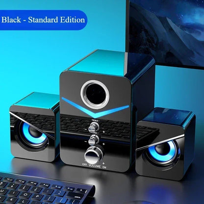 USB desktop speakers 3-piece set with black glossy finish and blue LED accents on Tampa Home & Garden Store
