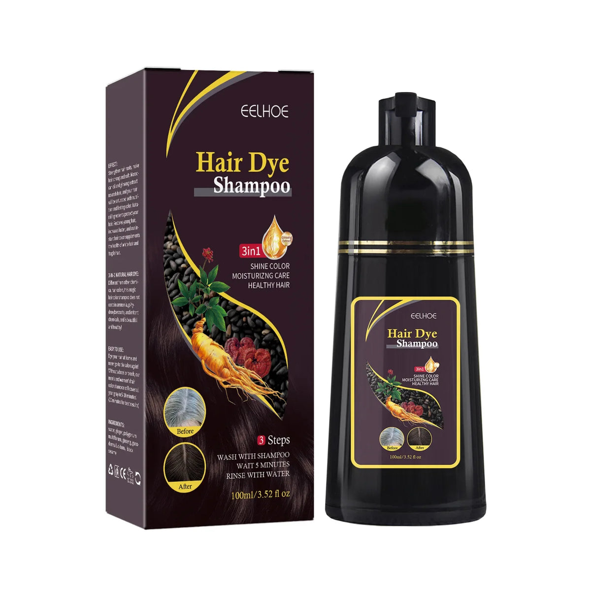 Hair Dye Shampoo 100ml 3in1 herbal color box and bottle with dark brown shade EELHOE branding on Tampa Home & Garden Store