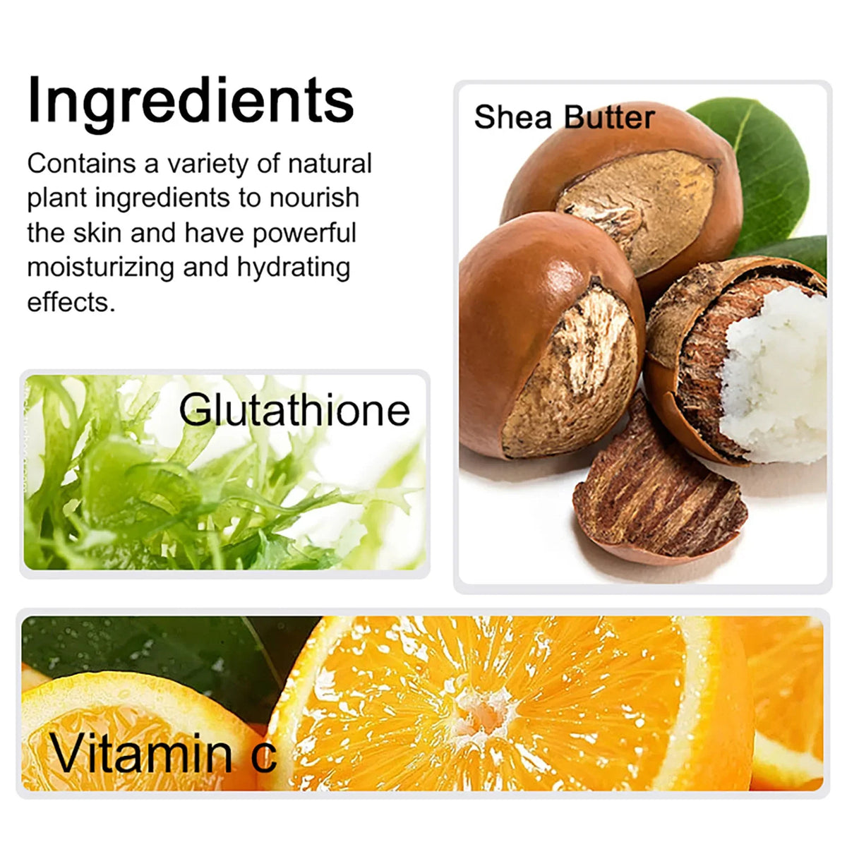 AILKE Whitening Cream ingredients panel with shea butter and glutathione visuals Silcy Skin on Tampa Home & Garden Store