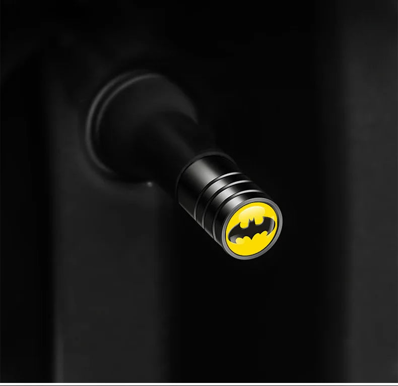 4PCS Aluminium Valve Stem Caps by BikerZoneZ with Batman logo on yellow circle black metal on Tampa Home & Garden Store