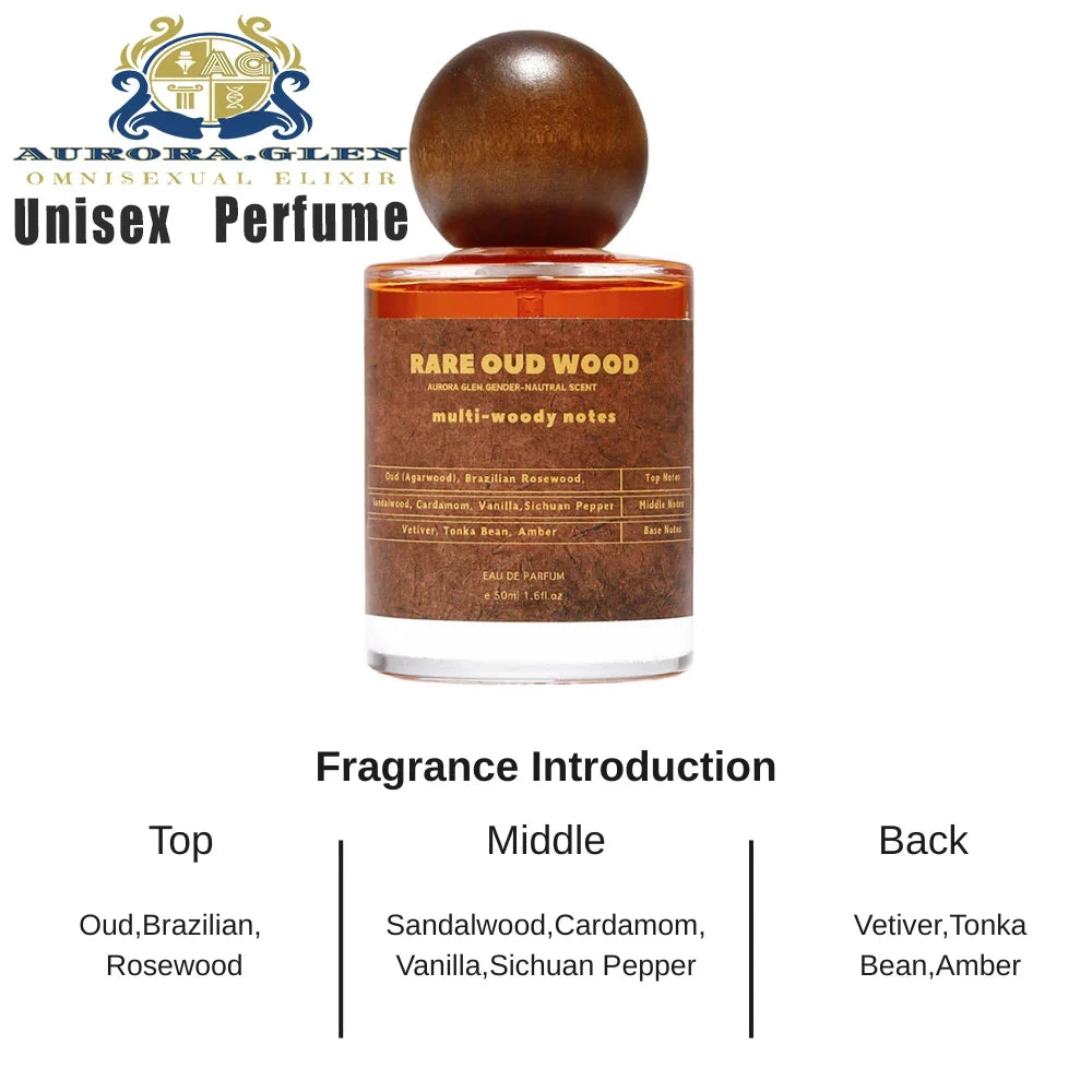 Unisex Rare Oud Wood perfume bottle with wooden cap and brown label; Aurora Glen logo visible on Tampa Home & Garden Store