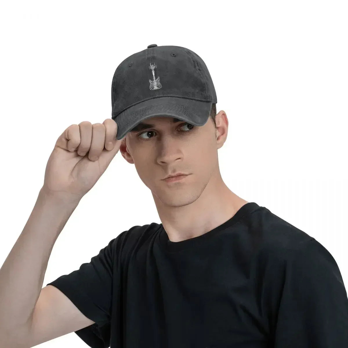 Rock & Roll Skeleton cap, charcoal with skeletal guitar embroidery on front on Tampa Home & Garden Store