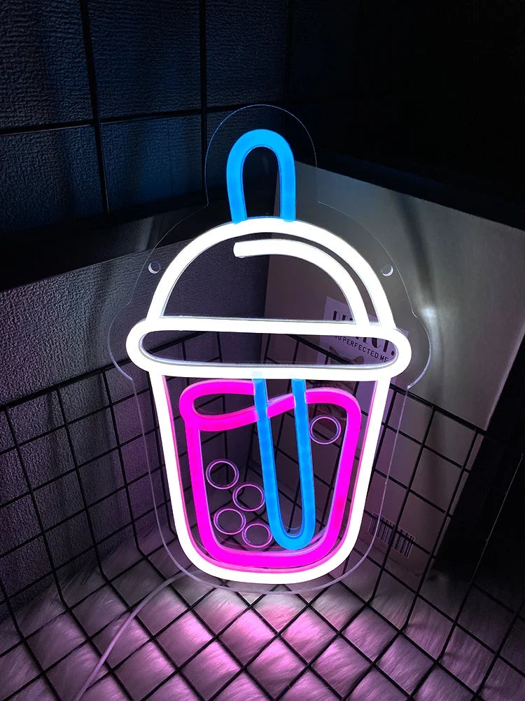 Perfecsy Dessert Series LED neon sign cup design with blue straw and white rim on Tampa Home & Garden Store