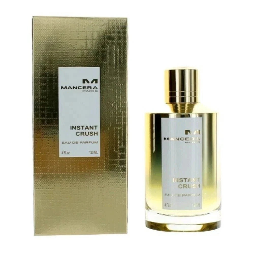 Mancera Instant Crush perfume bottle with gold cap and silver label beside a gold-toned box on Tampa Home & Garden Store