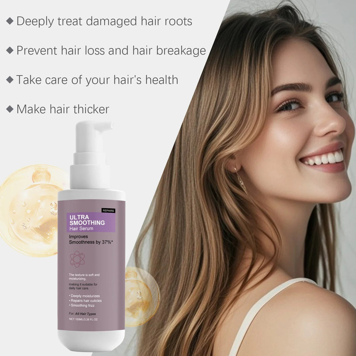 Ultra Smoothing Hair Serum bottle with lavender label and white pump by Silcy Skin on Tampa Home & Garden Store