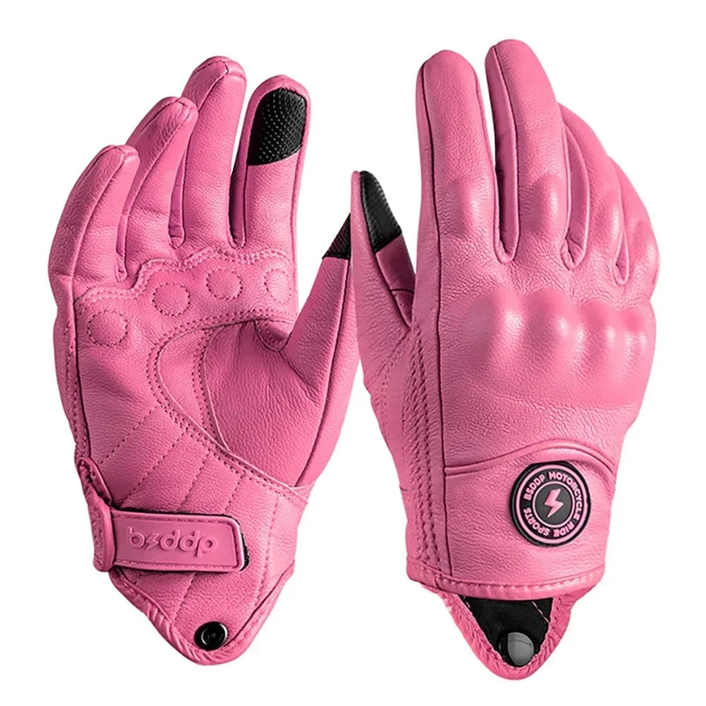 Pink real leather breathable touchscreen motorcycle gloves pair with Velcro cuff on Tampa Home & Garden Store