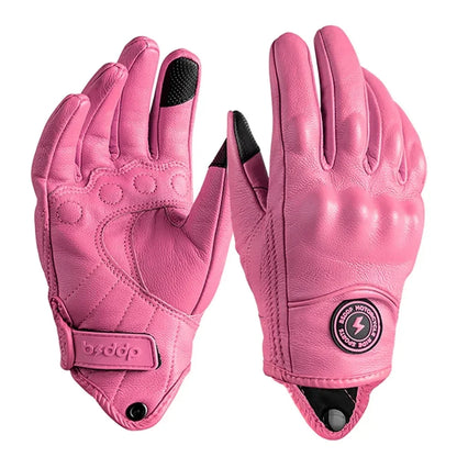 Pink real leather breathable touchscreen motorcycle gloves pair with Velcro cuff on Tampa Home & Garden Store