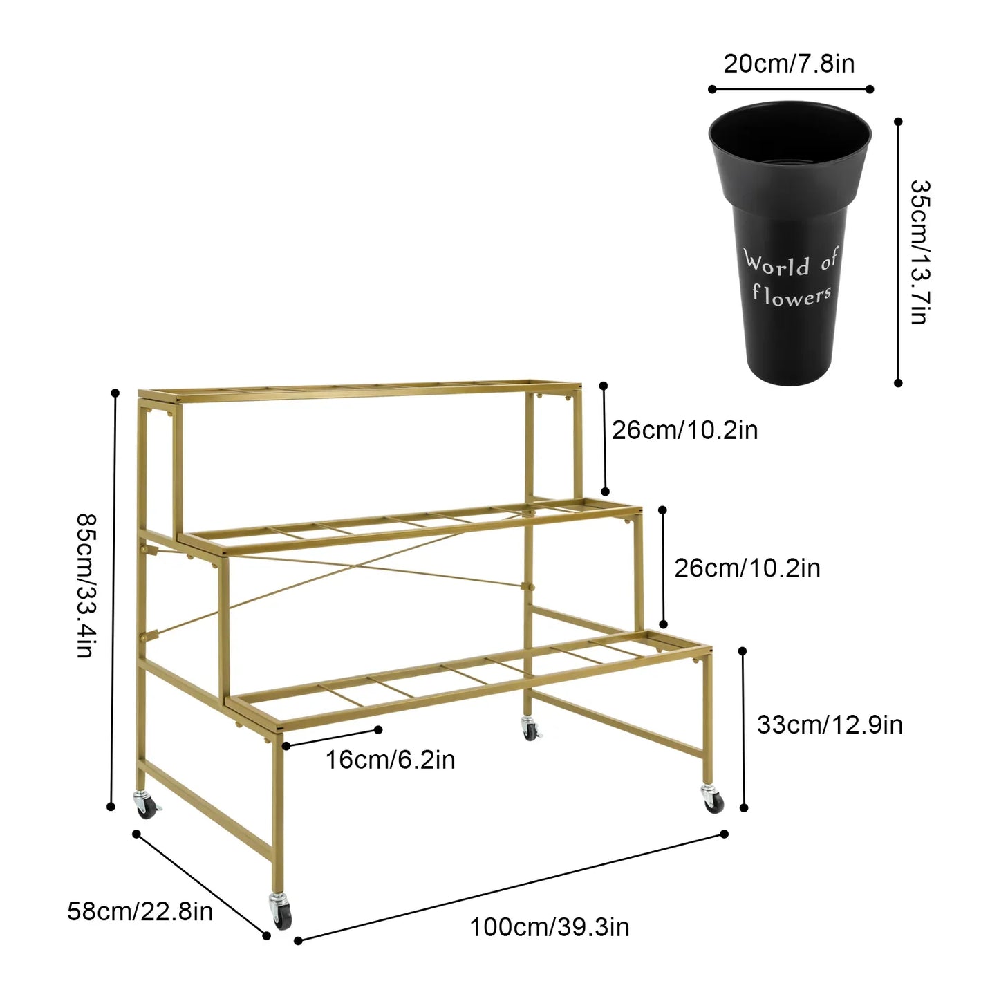 3 Tier Metal Flower Display Stand With Wheels