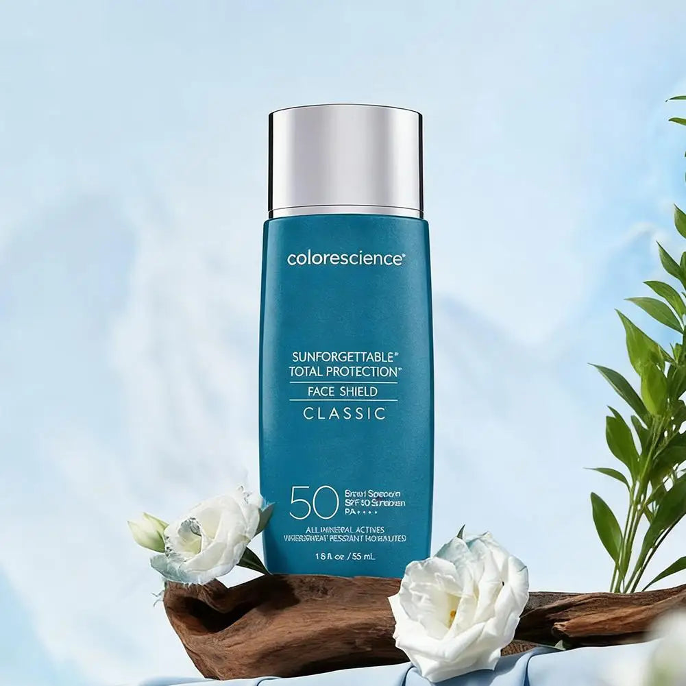 SPF 50 sunscreen bottle blue with silver cap by colorscience Face Shield Classic on Tampa Home & Garden Store