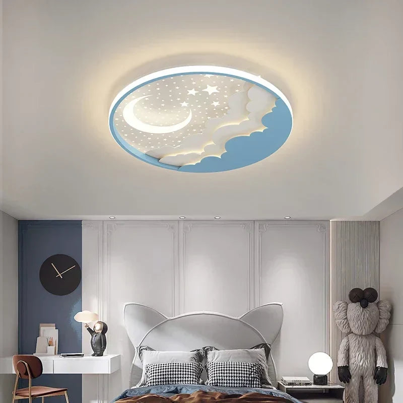 DecorBites Kids LED Ceiling Light, round blue night-sky with moon and stars for nursery on Tampa Home & Garden Store