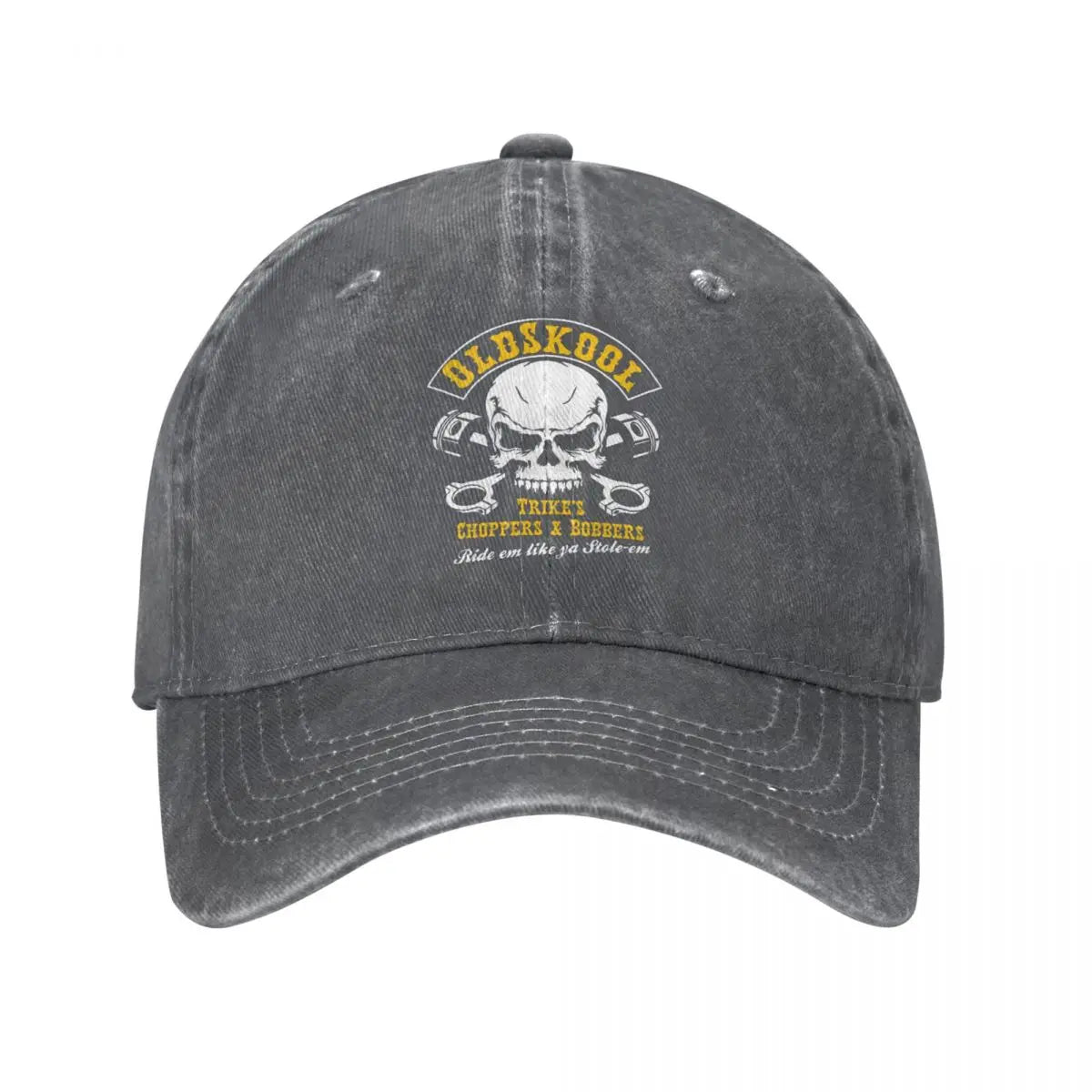 Vintage BSA Chopper Baseball Cap by BikerZoneZ, washed charcoal denim with skull and pistons on Tampa Home & Garden Store