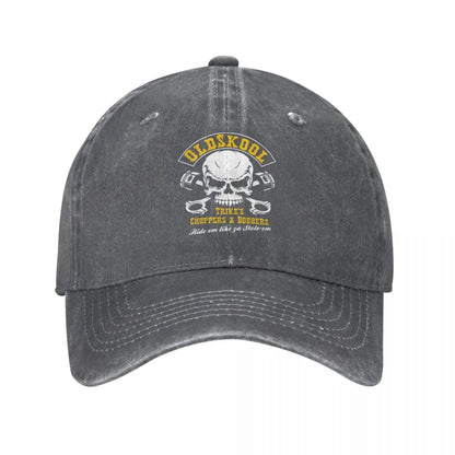 Vintage BSA Chopper Baseball Cap by BikerZoneZ, washed charcoal denim with skull and pistons on Tampa Home & Garden Store