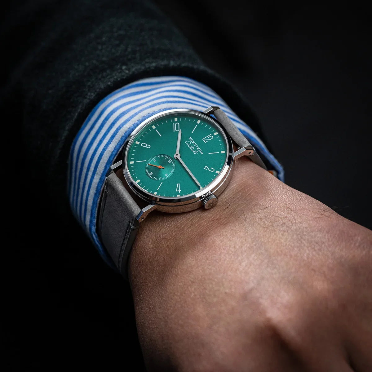 Men's ultra-thin automatic dress watch with green dial, stainless steel case, gray strap on Tampa Home & Garden Store