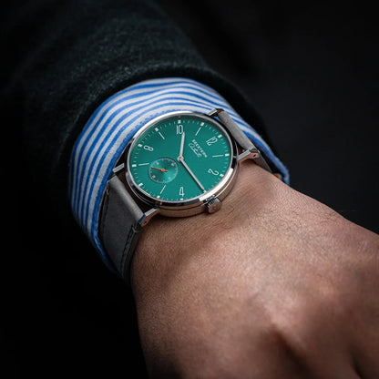 Men's ultra-thin automatic dress watch with green dial, stainless steel case, gray strap on Tampa Home & Garden Store