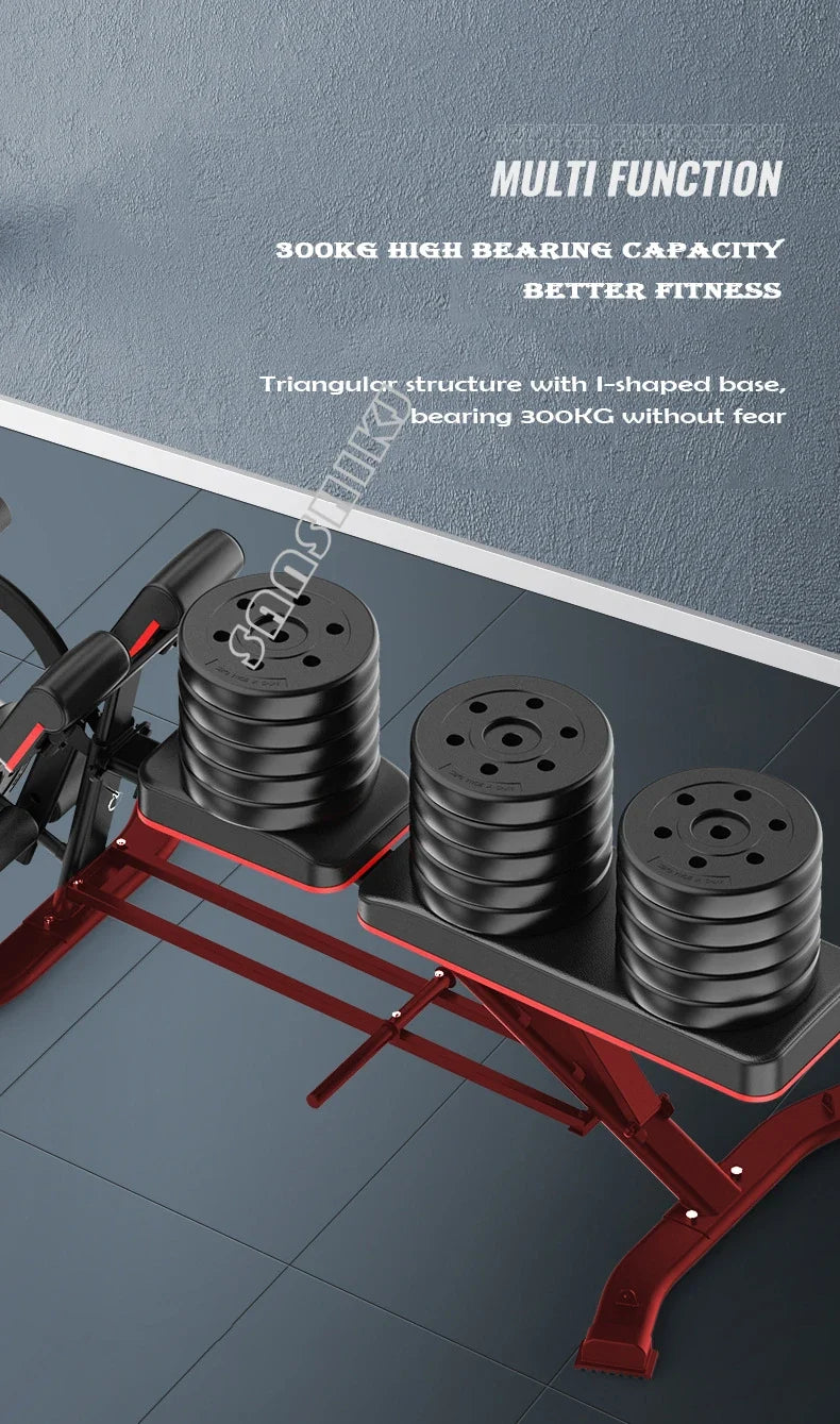 Multi-Function Weightlifting Bench red steel frame with three black weight plates on rack on Tampa Home & Garden Store
