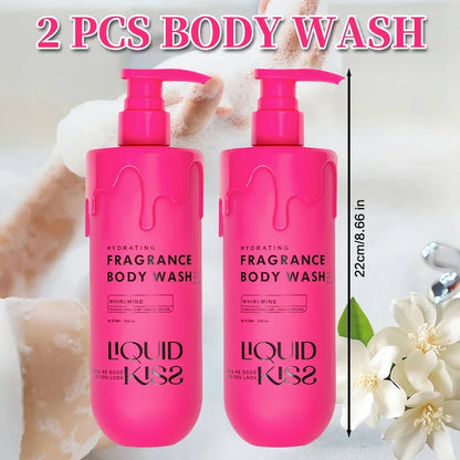 LIQUID KISS body wash duo, two pink pump bottles, hydrating fragrance wash by Silcy Skin on Tampa Home & Garden Store