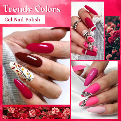 6pc Silcy Skin gel nail polish set in pinks and rose tones with floral nail art collage on Tampa Home & Garden Store