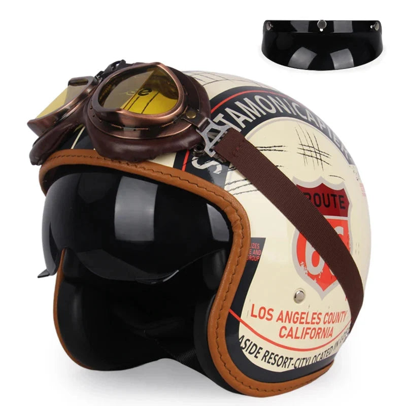 Vintage Open-Face Motorcycle Helmet by BikerZoneZ with brown leather trim and retro goggles on Tampa Home & Garden Store