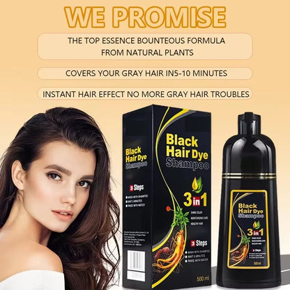 3-in-1 Black Hair Dye Shampoo bottle and box by Silcy Skin; herbal formula, model with long dark hair on Tampa Home & Garden Store